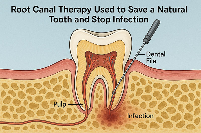 Illustration of root canal therapy used to save a natural tooth and stop infection.