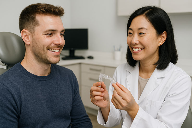 Patient smiling during Invisalign consultation with Dr. Song at a dental office in Brookfield, CT.